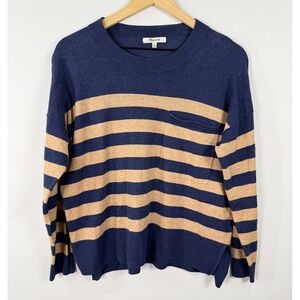 Madewell Striped Sweater Blue Tan Pocket Relaxed Knit Pullover Medium